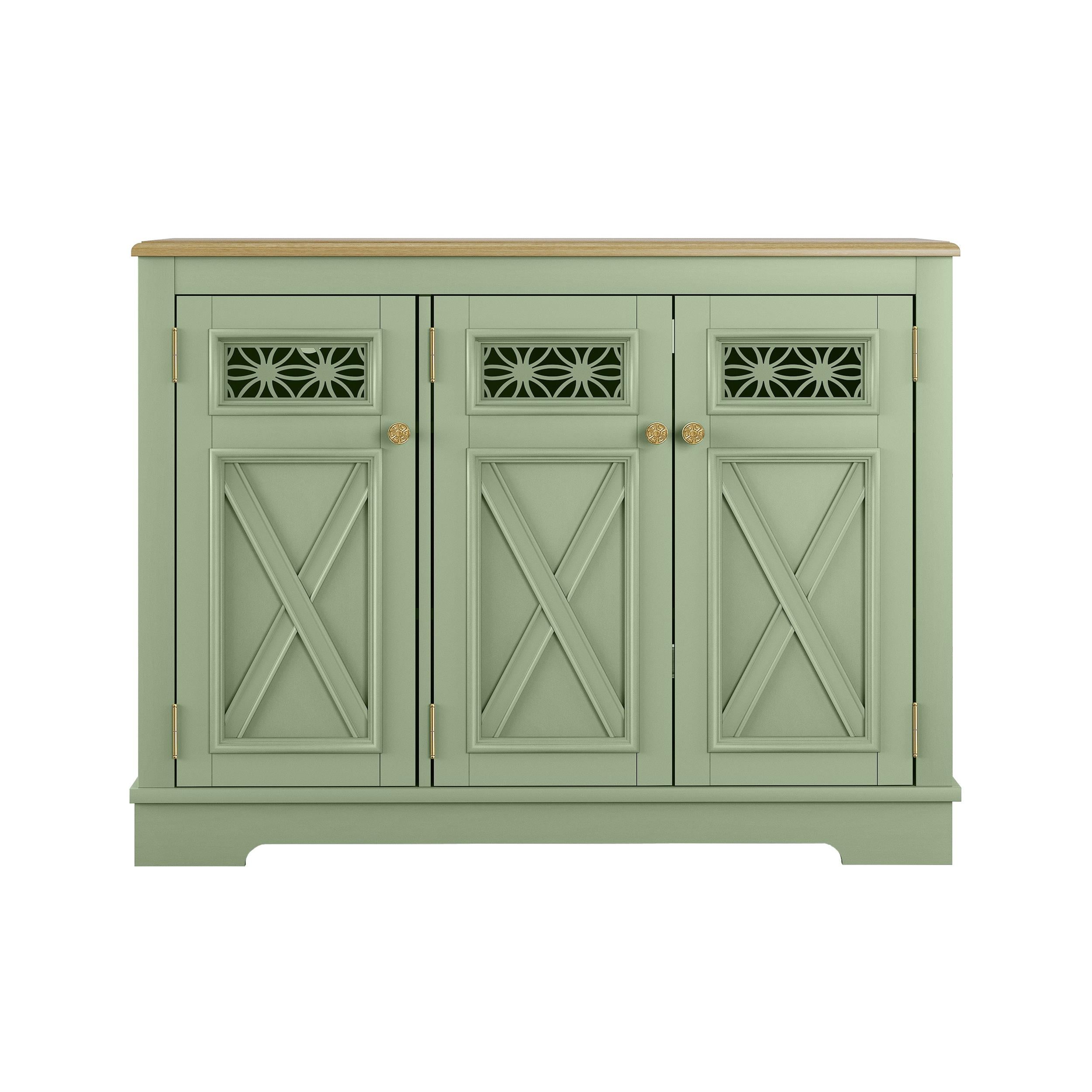 Green Engineered Wood Farmhouse Sideboard Buffet Cabinet with Patterned Glass Doors