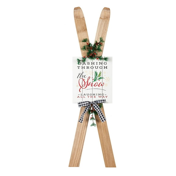 47.25"H Wooden Ski with Artificial Holiday Porch Dcor