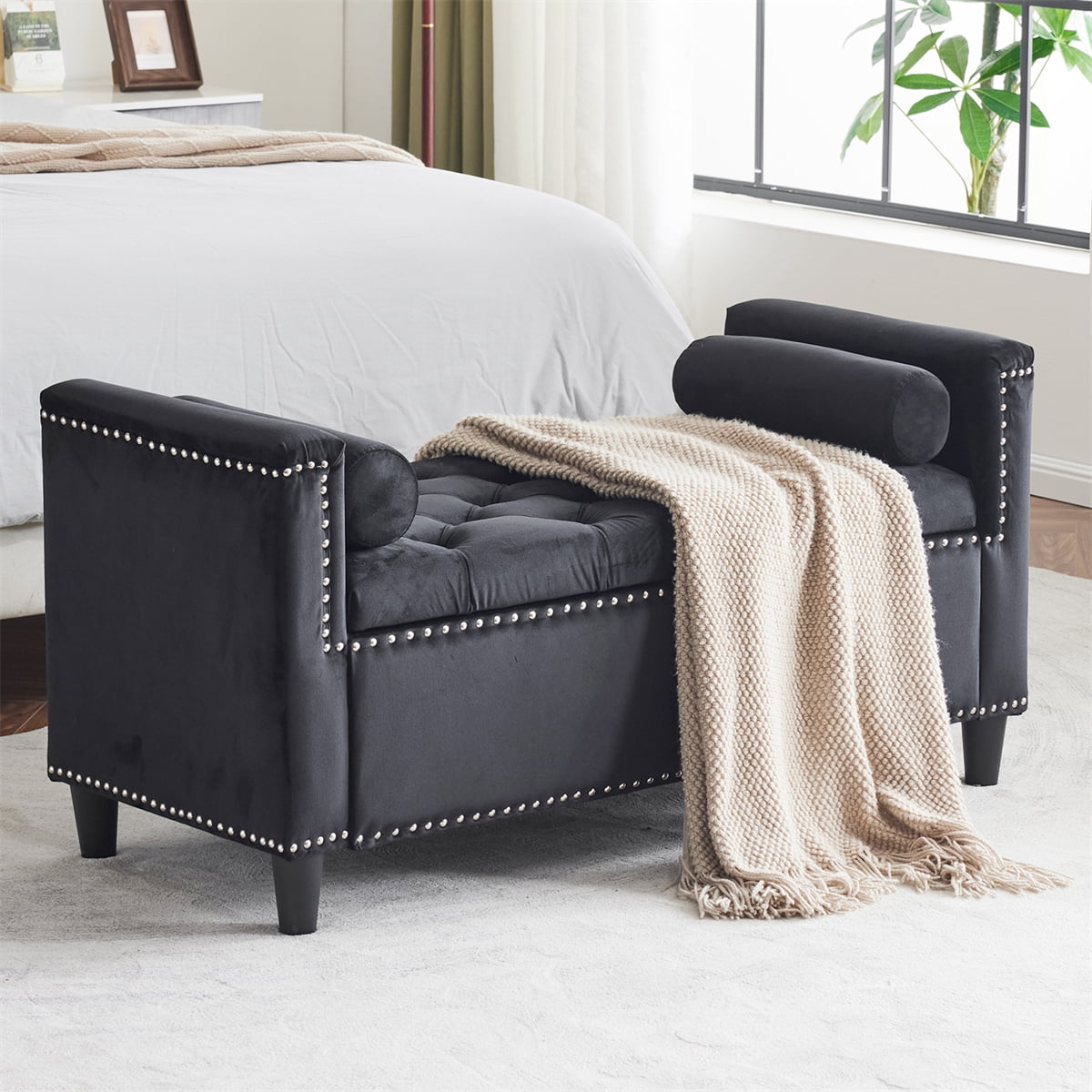 44.5-Inch Storage Bench with Armrests, Velvet Button Bedside Bench with ...