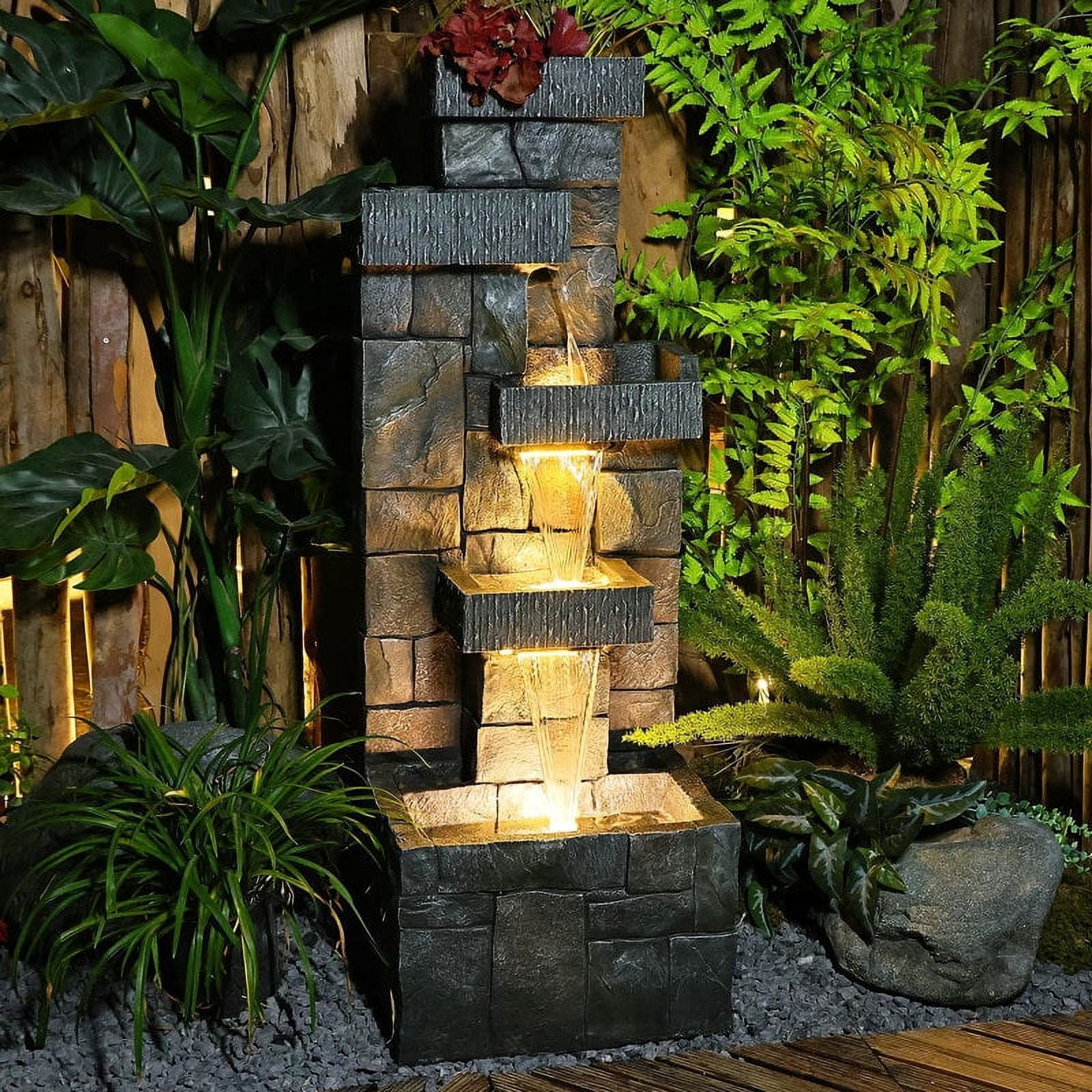 44.5 Inches Modern Fountain 4 Tired Floor Standing Outdoor Fountain with Lights Pump for Garden Patio Backyard Porch Home Art Decor