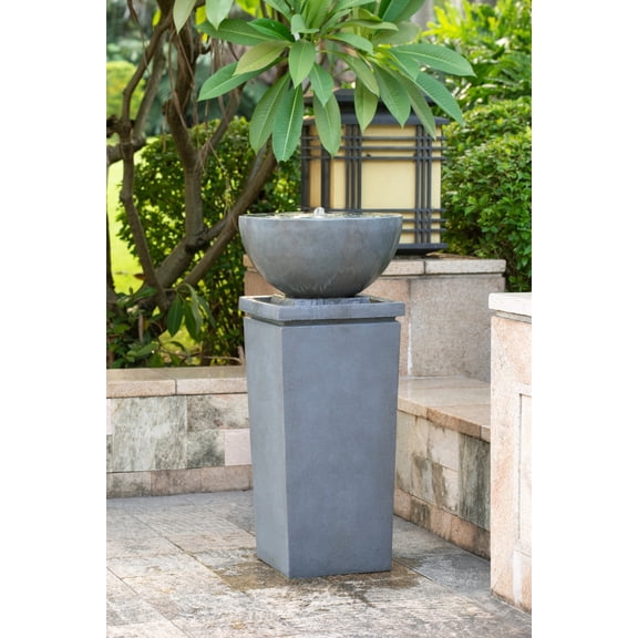 44.5" Polyresin Gray Bowl Water Fountain, Outdoor Bird Feeder /Bath Fountains, Relaxing Water Feature for Garden Lawn Backyard Porch