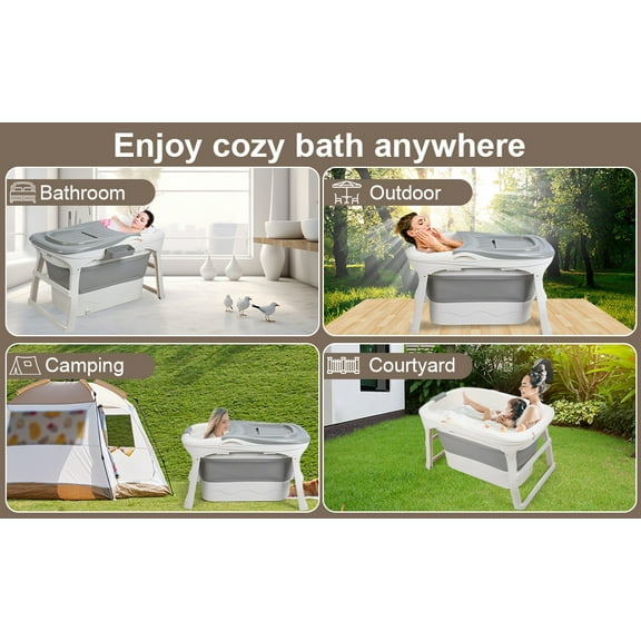 44.5" Portable Folding Bathtub, Small Foldable Tub with Thermal Cover & Massage Roller, Large Collapsible Tub, Freestanding Surround Collapsible Tub, Heightened Foldable Bathtub