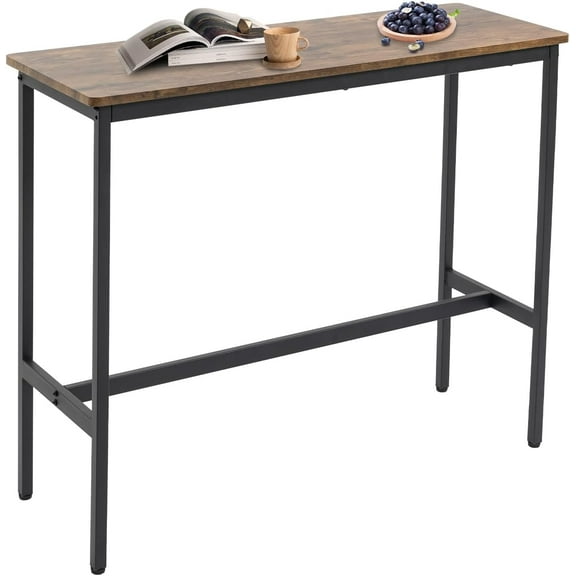 44.5" Sofa Table, Bar Height Pub Table, Narrow Entryway Table, Narrow Rectangular High Top Console Table with MDF and Black Metal Legs for Indoor, Dining Room, Cafe, Easy Assembly, Wood Grain