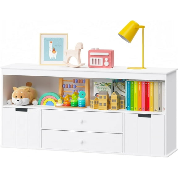 44.5" Toy Storage Organizer with 2 Drawers, Wooden Toy Organizer Bins, Kids Bookshelf for Reading, Storing, Playing, White