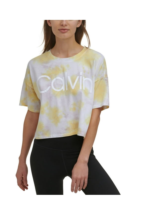 $44.50 Calvin Klein Women's Short Sleeve Tie Dye Cropped Top, Daffodil, L