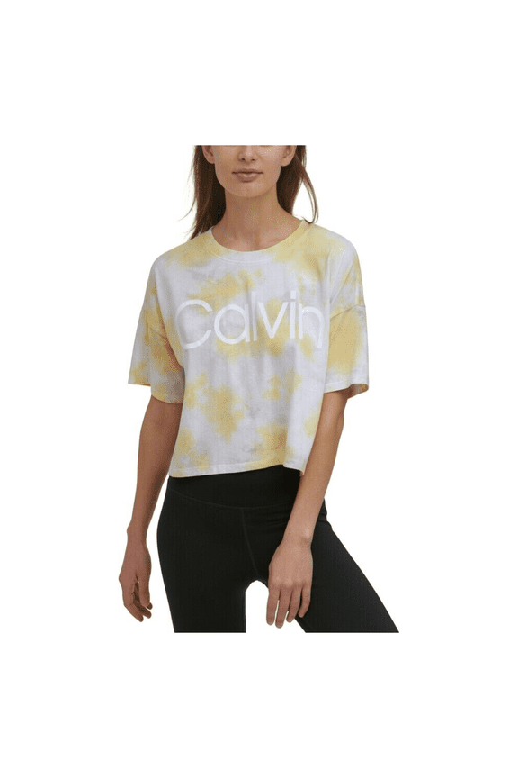 $44.50 Calvin Klein Women's Short Sleeve Tie Dye Cropped Top, Daffodil, S
