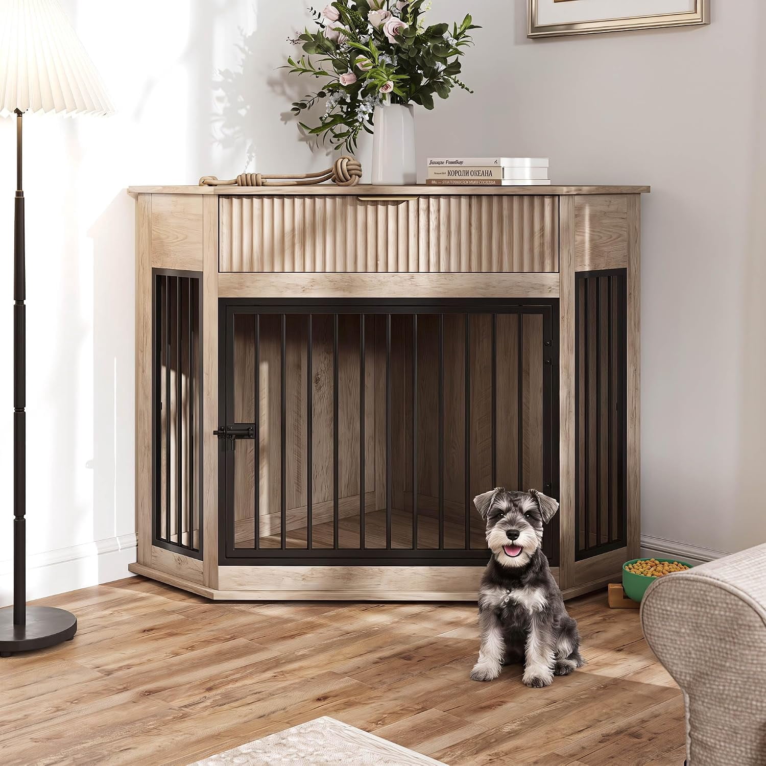 44.6" Corner MDF Dog Crate Furniture, Dog Kennel End Table with Fluted Drawer Storage, Grey Oak for Small/Medium Dogs Indoor