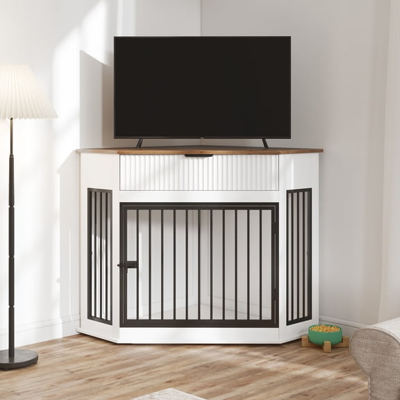 44.6'' Corner MDF Dog Crate Furniture for Small/Medium Dogs, Decorative Dog Kennel End Table with Fluted Drawer Storage, Modern Space-Saving Dog Cage Cabinet for Home Décor Indoor(White)