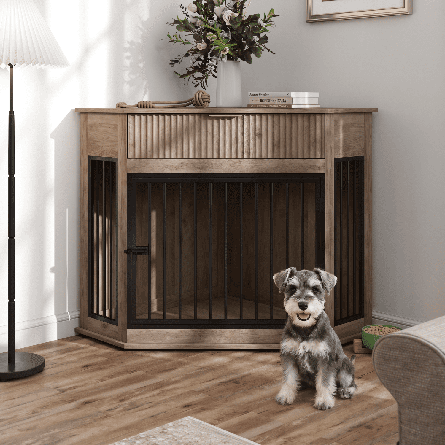 44.6" Corner MDF Dog Crate Furniture for Small/Medium Dogs, Decorative Dog Kennel End Table with Fluted Drawer Storage, Modern Space-Saving Dog Cage Cabinet for Home Décor Indoor(Grey Oak)