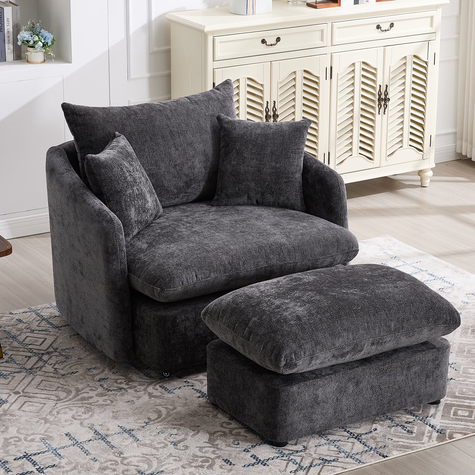 44.6" W Oversized Swivel Armchair with Ottoman,37.8" Large Seat Width Accent Chair with 3 Pillows