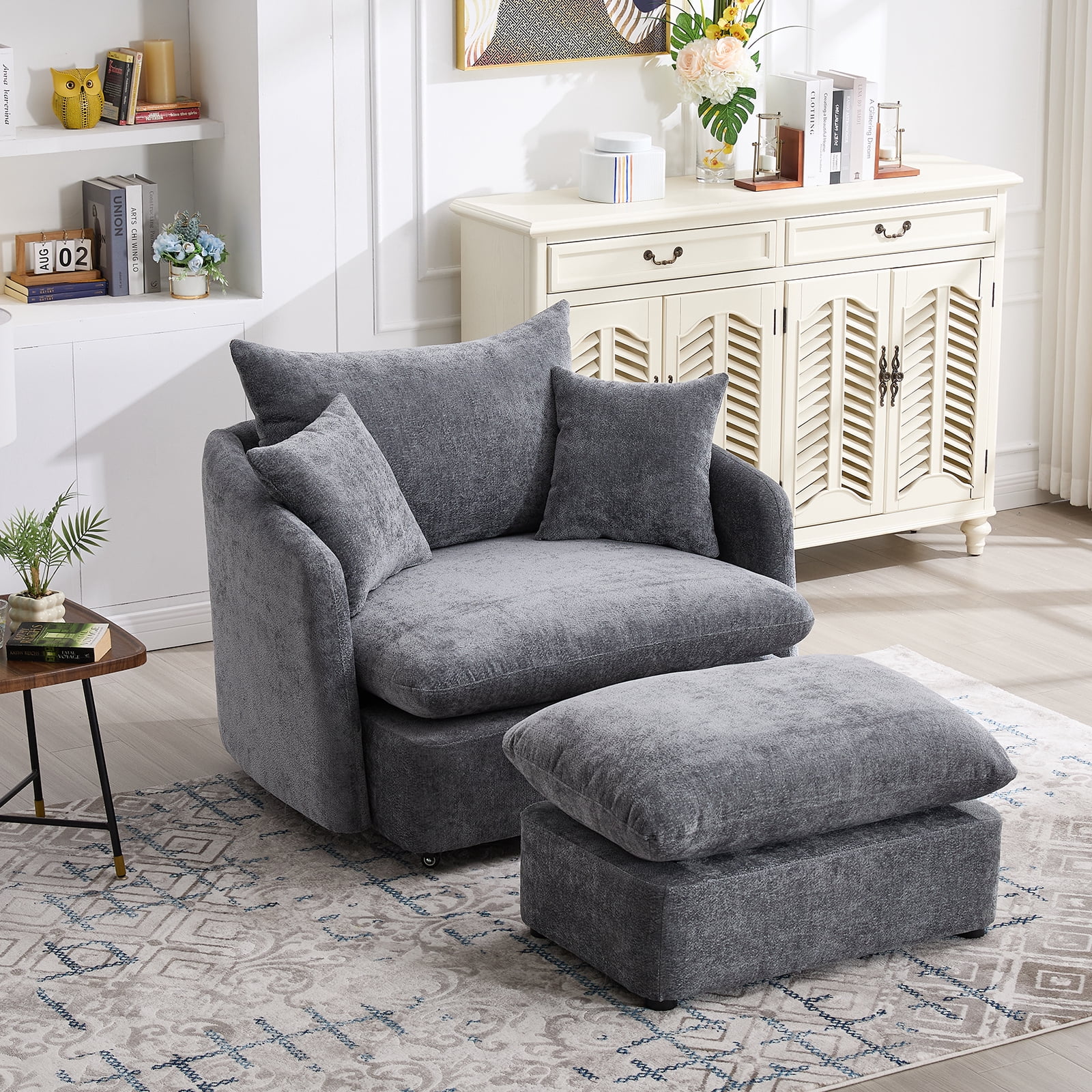 44.6" W Oversized Swivel Armchair with Ottoman,37.8" Large Seat Width Accent Chair with 3 Pillows