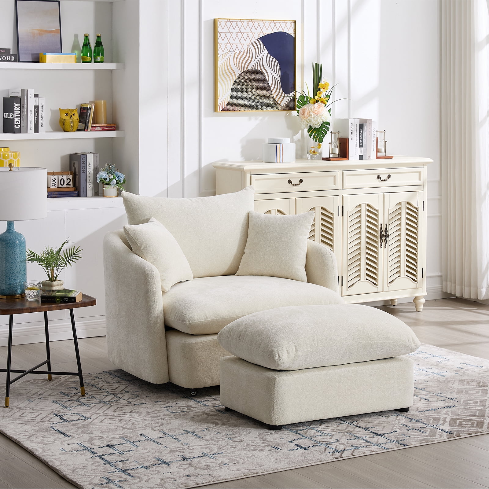 44.6" W Oversized Swivel Armchair with Ottoman,37.8" Large Seat Width Accent Chair with 3 Pillows