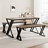 44.8 Inch Dining Table and 2 Benches Set for 4, 3 Piece Kitchen Table Set with X-Shaped Metal Frame and Vintage Panel Top, Space Saving Dining Room Furniture for ApartmentBlack