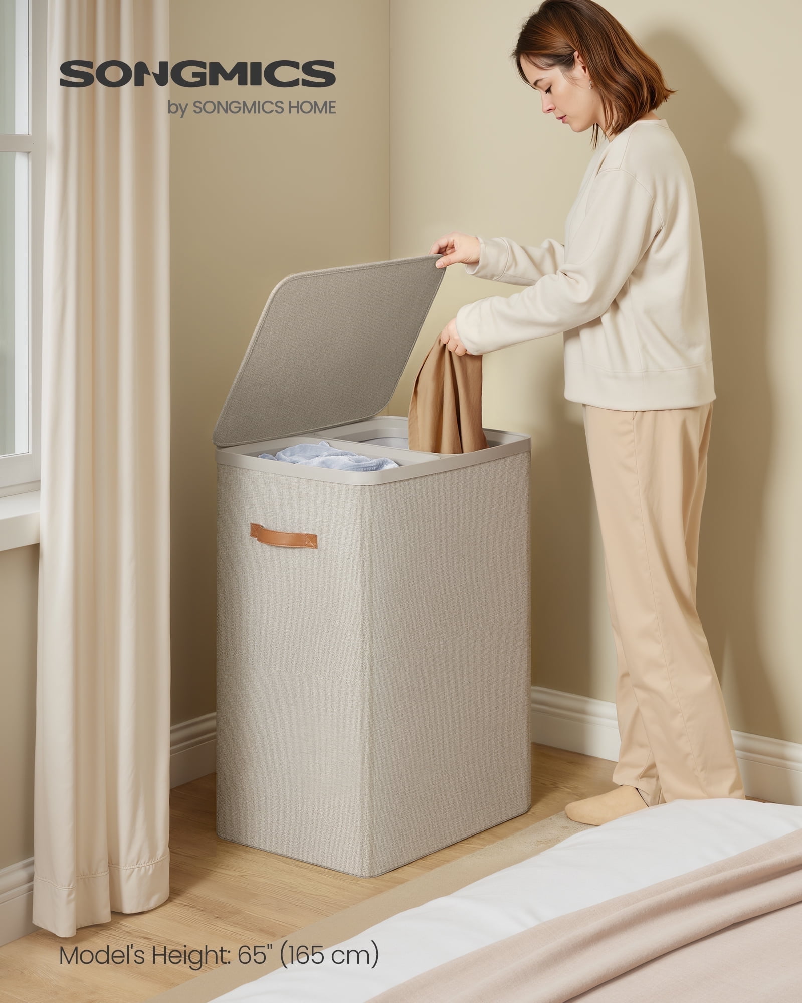 44.9 Gal Large Laundry Hamper with Lid, 2 Compartment Dirty Clothes Basket, Removable Inner Bags & Handles, 22x15.7x29.5 Inches, Cappuccino Beige
