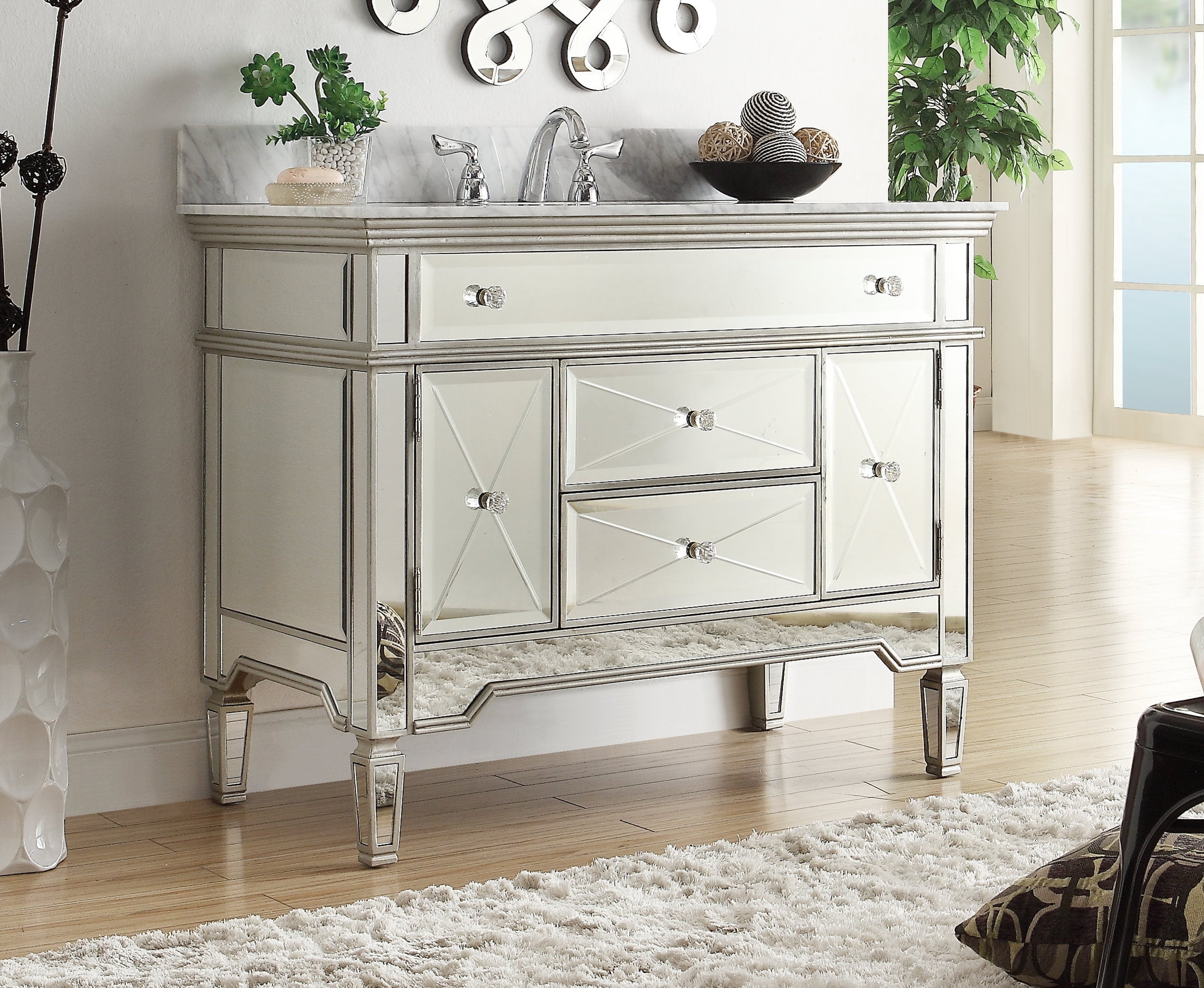 44" Metallic Silver Mirrored Bathroom Sink Vanity with Marble Top