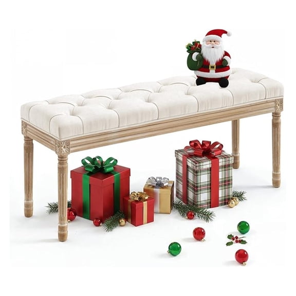 44" Bedroom , Fabric End of Bed , Upholstered French Tufted Ottoman with Carved Wood Legs for Bedroom End of Double Full Queen Size Bed, Living Room, Beige