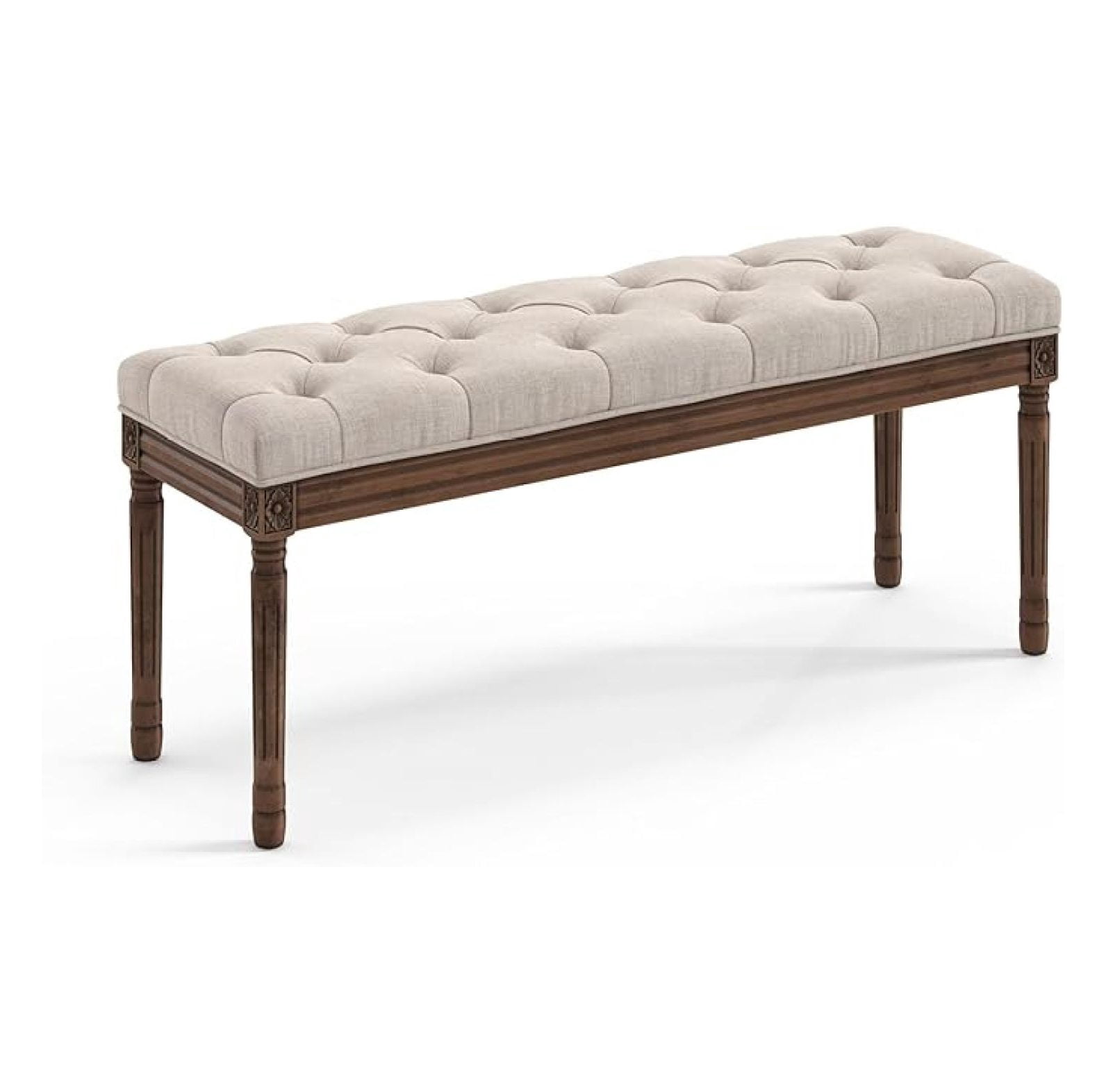 44" Bedroom , Fabric End of Bed , Upholstered French Tufted Ottoman with Carved Dark Brown Wood Legs for Bedroom End of Bed, Living Room, Linen