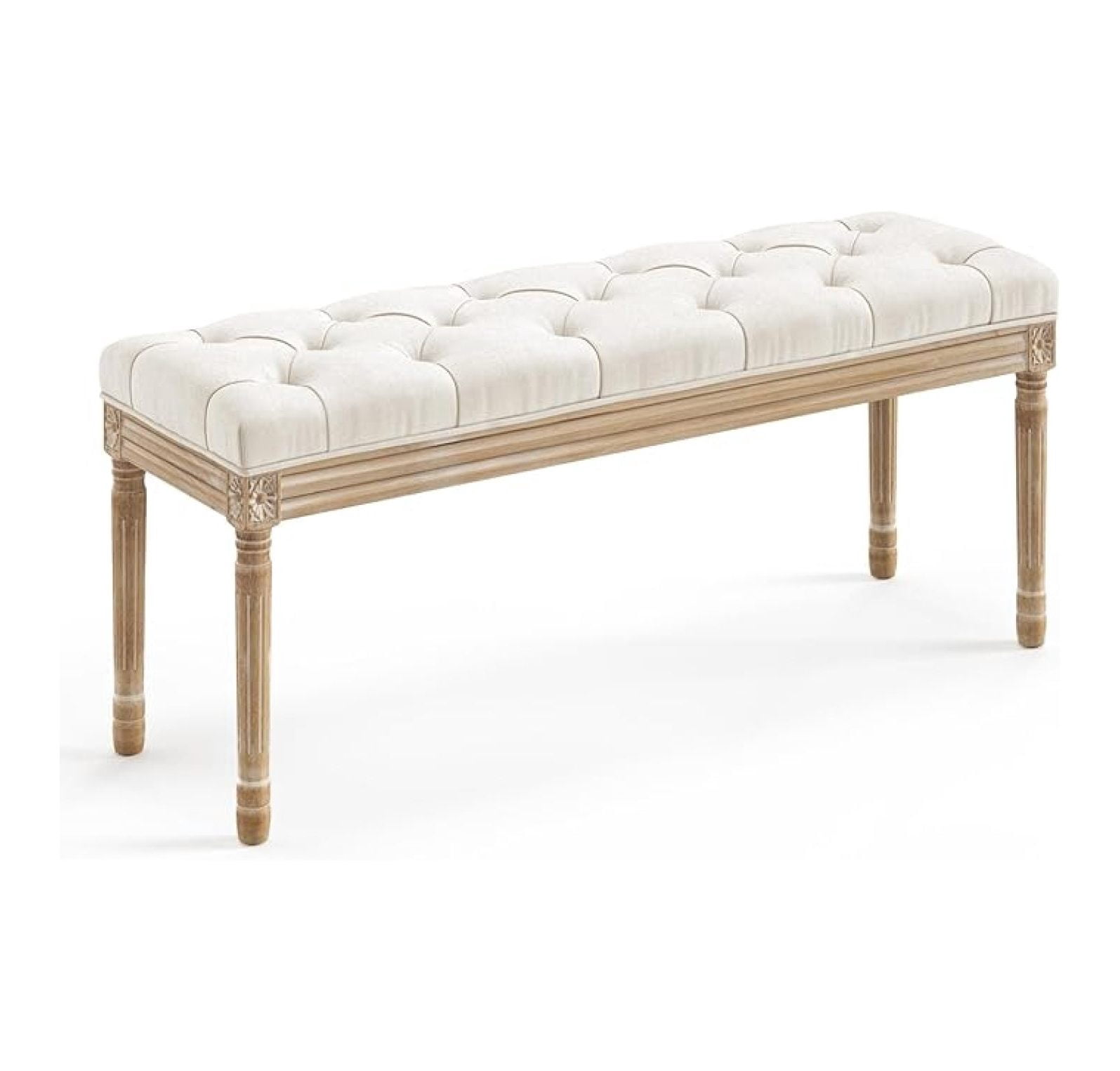 44" Bedroom , Vintage French Tufted End of Bed , Upholstered Fabric Ottoman with Carved Wood Legs for Bedroom,Dining Piano Stool for Living Room,Foyer, Beige