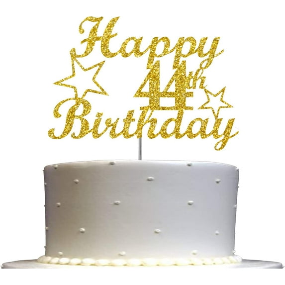 44 Birthday Cake Topper Gold Glitter, Party Decoration Ideas, Sturdy Doubled Sided Glitter, Acrylic Stick. Made in USA (44th)