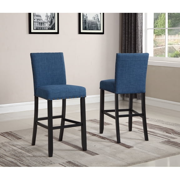 44" Blue Fabric Bar Stools Set of 2 with Nailhead Trim, Wood Frame Counter Height Stools with Espresso Finish