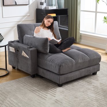 44" Chaise Lounge Indoor with Charging Station and Cup Holders, Upholstered Corduroy Sleeper Sofa Bed with Adjustable Backrest and Side Pockets for Living Room, Gray