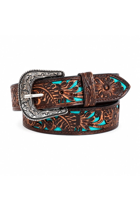 44" Challenger Western Leather Belt Turquoise Inlay Filigree Tooled Floral Cowboy Belt 1-1/2" 26FK102