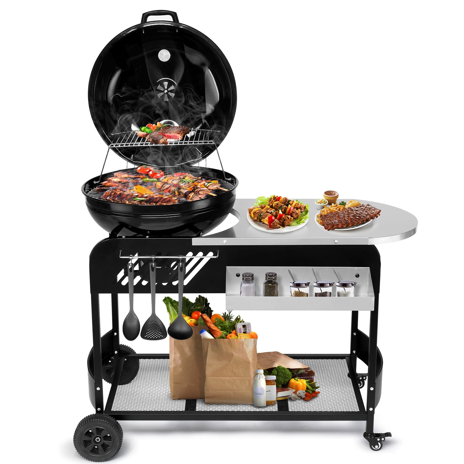Charcoal Grill, Shinpt Smoker Grill with Large Cooking Area & Large Side Table for Camping, Outdoor Barbecue Grill with Thermometer & Adjustable Damper