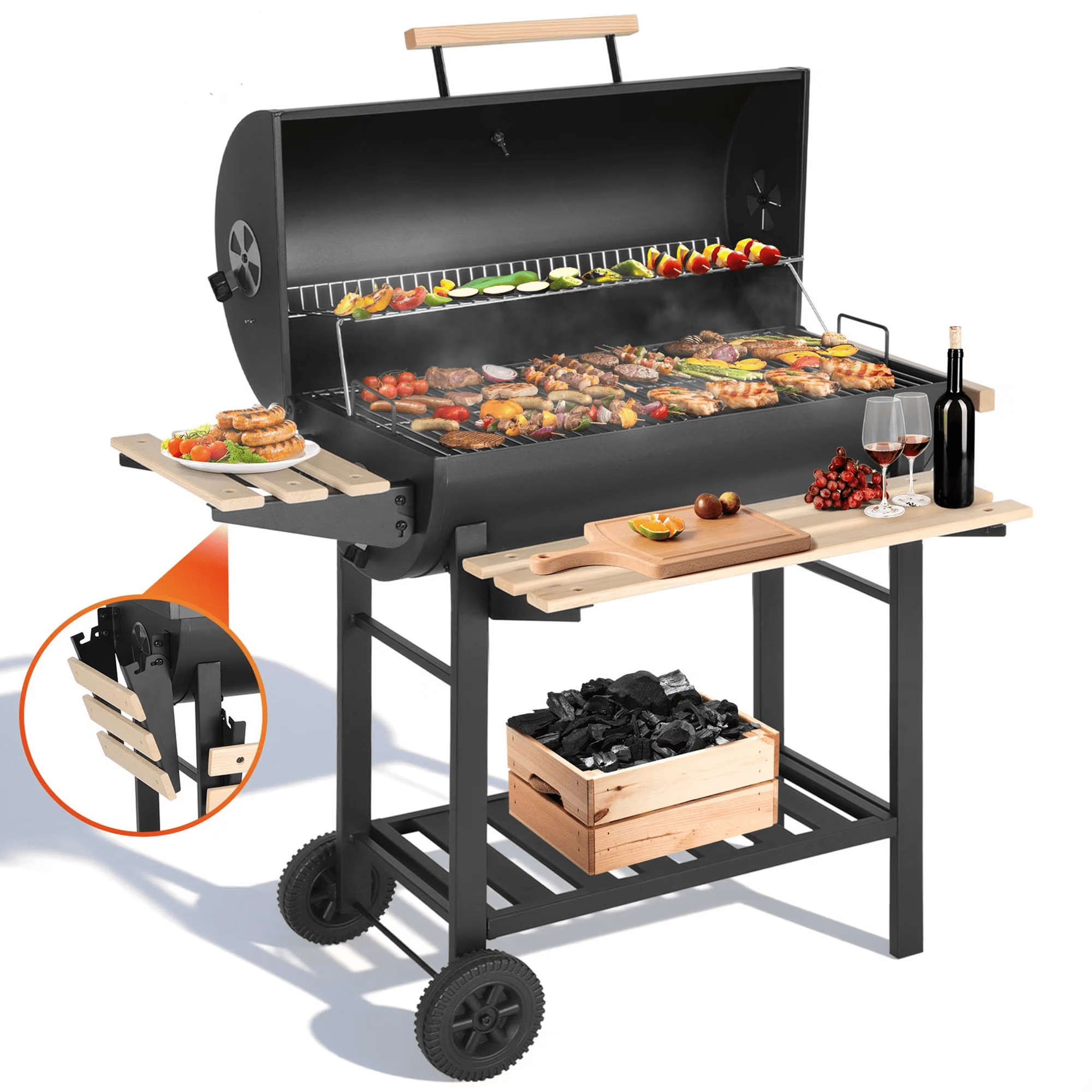 SEIZEEN Charcoal Grill with Thermometer & Large Cooking Space, Smoker Grill, BBQ Grills for Camping & Picnic, Iron, Black