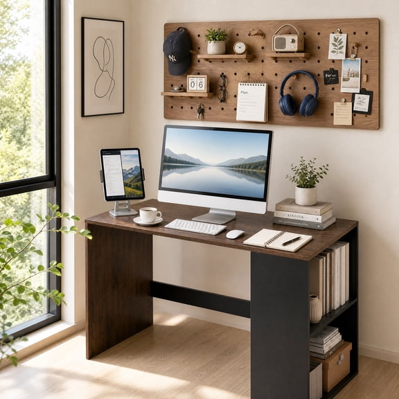 44" Computer Desk with Bookshelf, Modern Home Office Desk for Small Space, Rustic Brown and Black