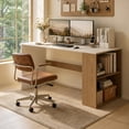 thumbnail image 1 of 44" Computer Desk with Bookshelf, Modern Home Office Desk for Small Space, White and Natural, 1 of 8