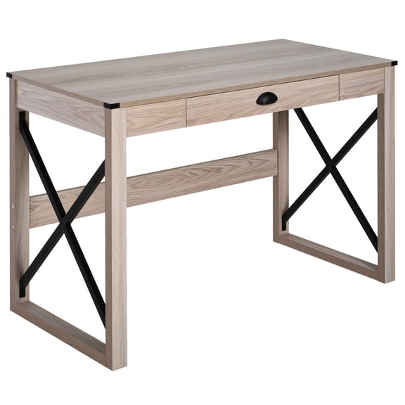 44" Computer Desk with Storage Drawer, Rustic Writing Desk, Farmhouse Home Office Workstation with X-Frame, Natural and Black