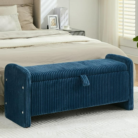 44'' Corduroy Storage Ottoman Bench, Upholstered End of Bed Storage Bench with Safety Hinge, Linear Bed Bench for Bedroom, Living Room, Entryway, Blue