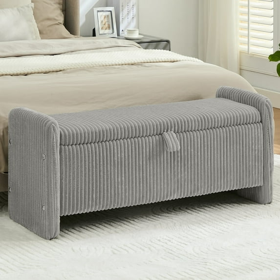 44'' Corduroy Storage Ottoman Bench, Upholstered End of Bed Storage Bench with Safety Hinge, Linear Bed Bench for Bedroom, Living Room, Entryway, Grey