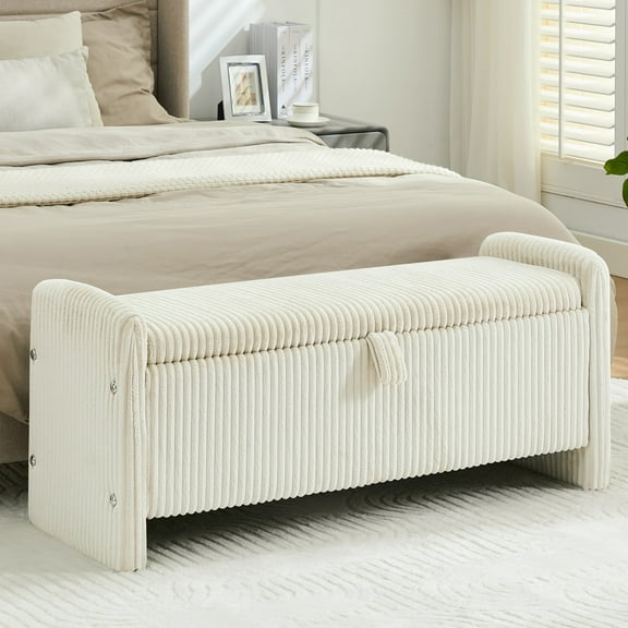 44'' Corduroy Storage Ottoman Bench, Upholstered End of Bed Storage Bench with Safety Hinge, Linear Bed Bench for Bedroom, Living Room, Entryway, White