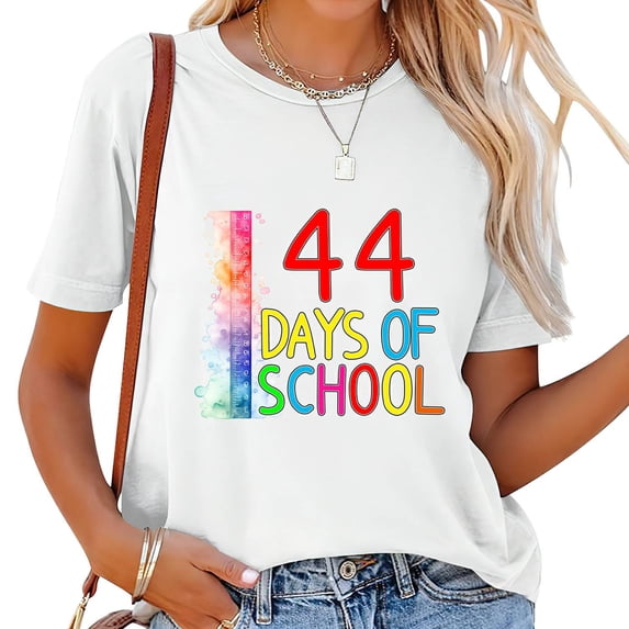44 Day of School Teacher Back To School Student Women's Comfy Graphic Tee, Casual Short Sleeve T-Shirt