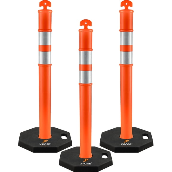44" Delineator Post with Base - 3pk - T Top Orange Traffic Stanchion with 10" Reflective Band - 13 lb Octagonal Rubber Base - Security, Street Safety Cordon, Garage Parking Aid - by Xpose Safety