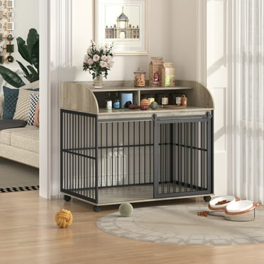 44'' Dog Crate Furniture,  Heavy Duty Large Dog Crate Furniture for Large Medium Dog with Lockable Wheels, Wooden Dog Crate Dog Kennel, End Table Crate with Double Layer Storage, Gray
