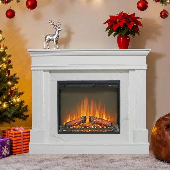 44" Electric Fireplace with Mantel, Freestanding 23" Fireplace Heater with Remote Control, Farmhouse TV Stand with Adjustable Led Flame and Timer, 1400W