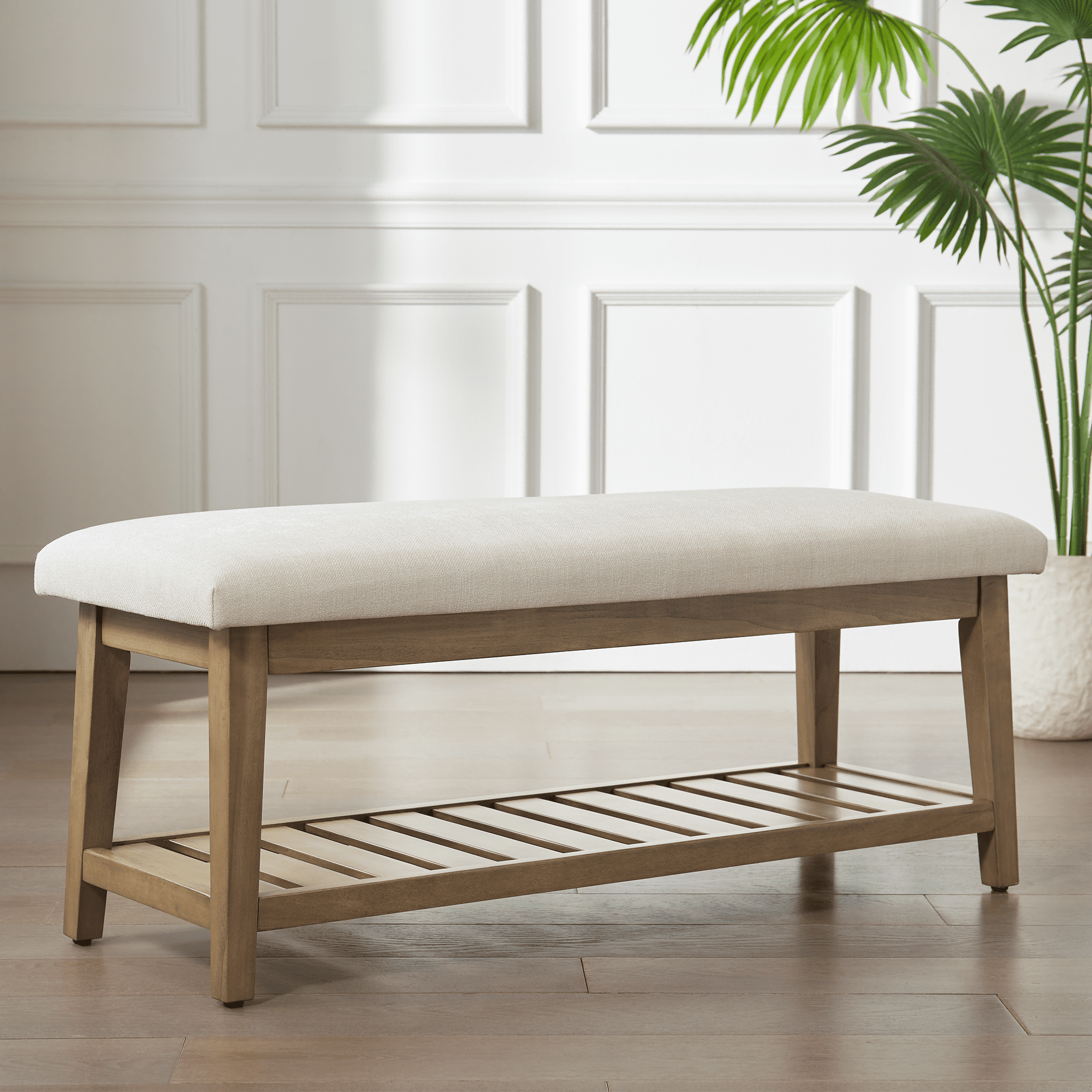 44 End of Bed Bench with Shelf Linen Tufted Upholstered Storage Shoe Bench Modern Bedroom Bench with Wooden Legs for Living Room Entryway Dining