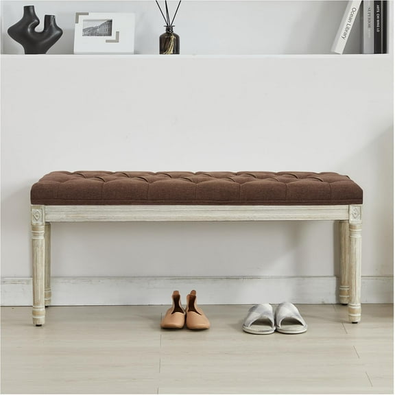 44‘’ Entryway Bench, Upholstered Button End of Bed Bench, Vintage Bench with Carving Pattern Wood Legs, Vanity Foot-Stool,