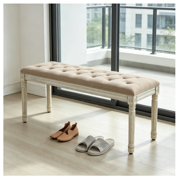 44" Entryway Bench, Upholstered Button End of Bed Bench, Vintage Bench with Carving Pattern Wood Legs, Vanity Footstool