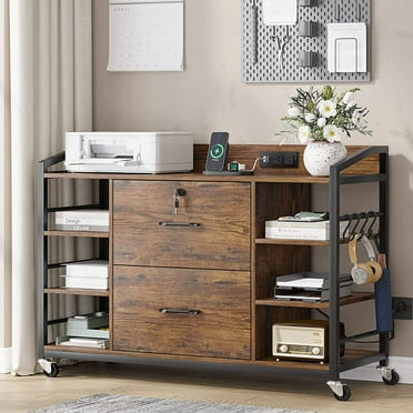 44" File Cabinet, Filing Cabinet fits Legal/Letter Size, 2 Drawer File Cabinets for Home Office with Lock, Power Strip, 6 Storage Shelves, Rustic Brown
