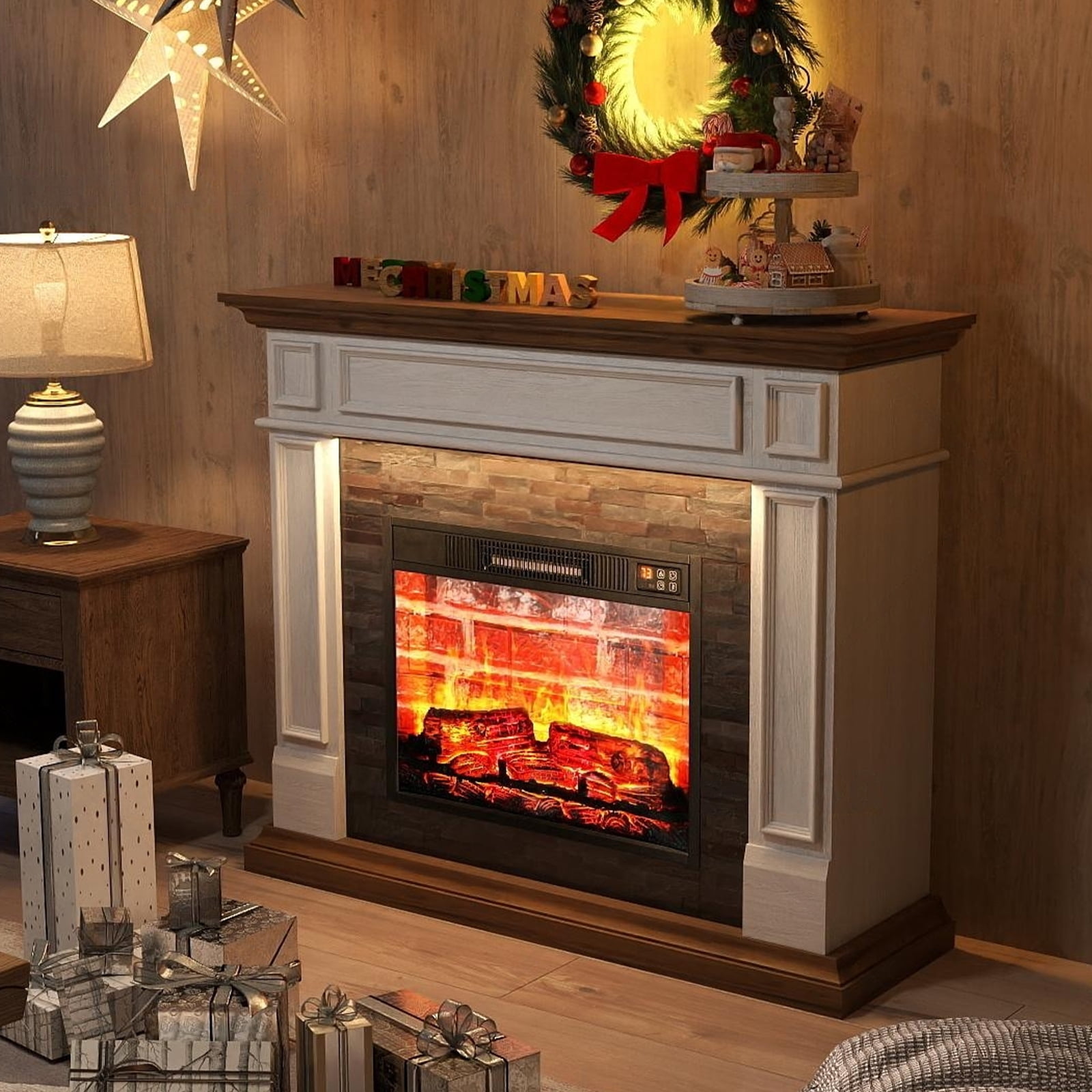 44" Fireplace Mantel with Led Lights & 23'' Electric Fireplace,Wooden Surround Firebox, Free Standing Fireplace, with Remote Control, Adjustable LED Flame,White & Brown
