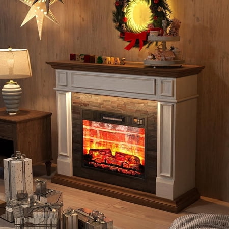 44" Fireplace Mantel with Led Lights & 23'' Electric Fireplace,Wooden Surround Firebox, Free Standing Fireplace, Adjustable LED Flame,White & Brown