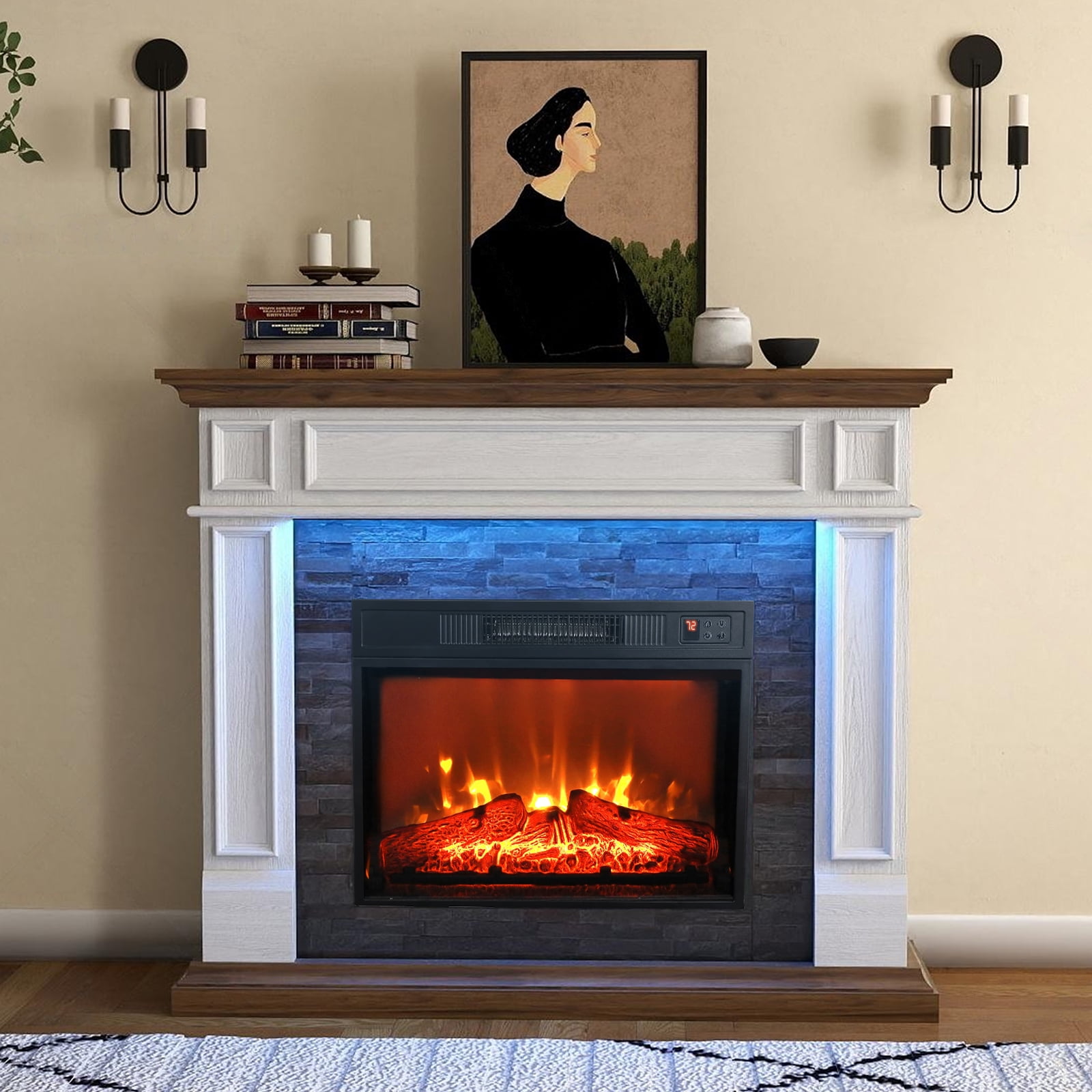 44" Fireplace TV Stand with Led Lights & 23'' Electric Fireplace, Wooden Free Standing Fireplace for Living Room, White & Brown