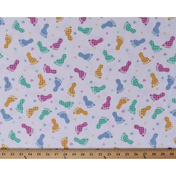 44" Flannel Footprints Multi-Color Feet Stars Hearts Kids Babies Baby Cotton Flannel Fabric Print by the Yard (9307-124)