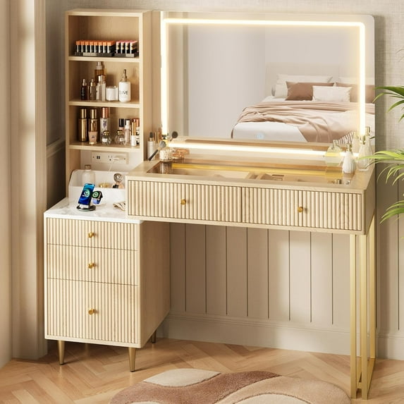 44” Fluted Vanity Desk with 32” Lighted Mirror & Power Outlet, Makeup Vanity with Glass Top, 3 Adjustable Light Colors, Curved Design, 5 Drawers, Modern Dressing Table Set for Bedroom (Oak)