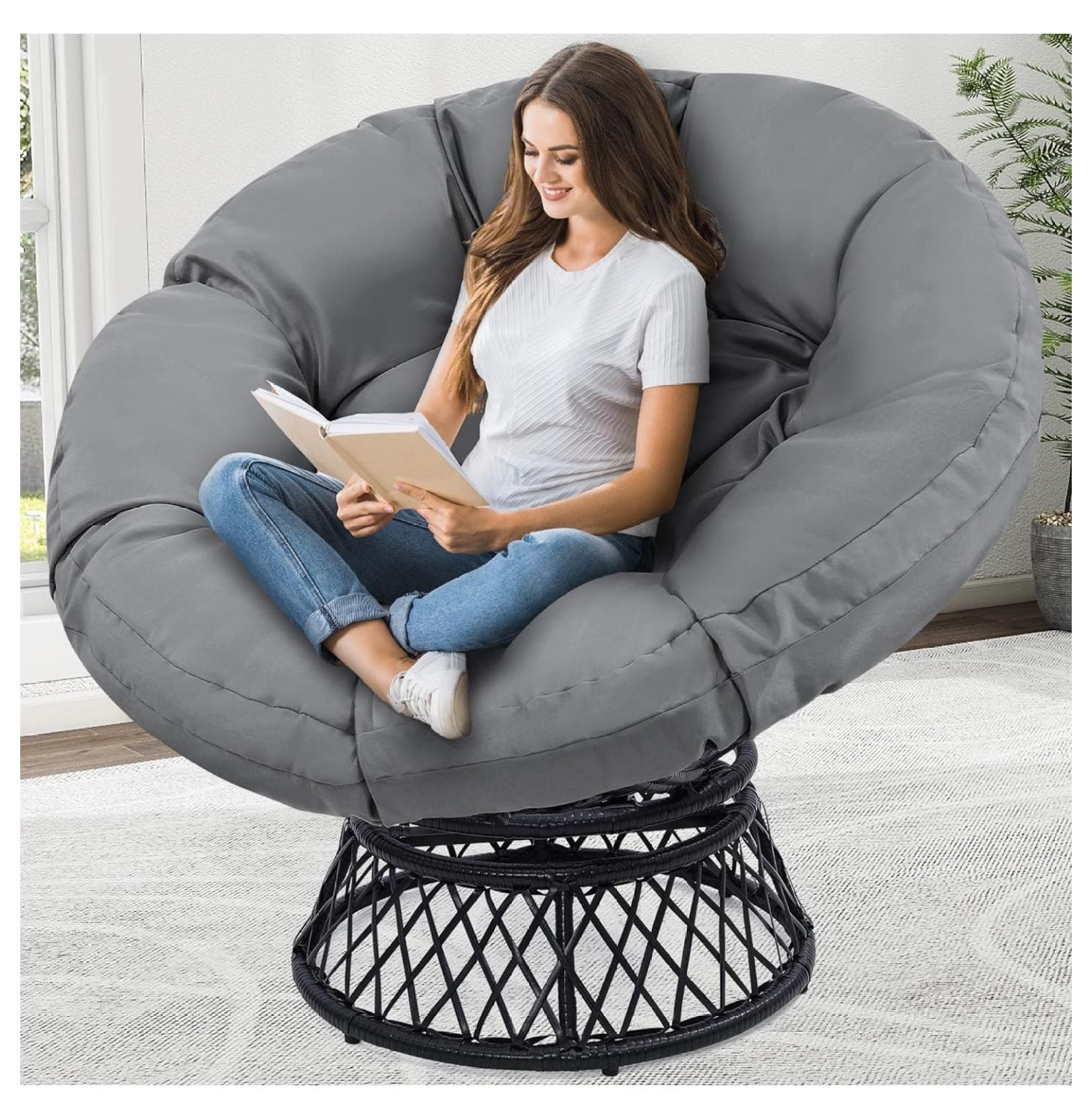 44" Giant Oversized Rattan Papasan Chair with Cushion and Frame for ...