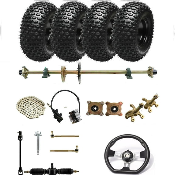 44" Go Kart Axle Kit, 1120mm Rear Axle Kit with 16x8-7" Wheels Tires, Front Steering System, Brake Assembly, 530 Chain, DIY Live Axle Kit for Go Cart, ATVs, Quads, Drift Trikes, Golf Carts