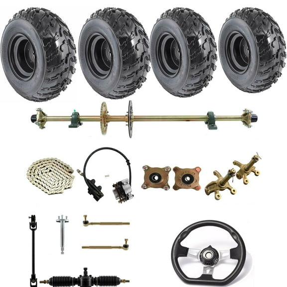 44" Go Kart DIY Rear Live Axle Kit Complete Axle Assembly Kit & Sprocket Hub Brake Caliper + Front Steering Wheel Gear Rack Pinion Shaft Spindle for ATV Quad Buggy (22x10-10 Wheels Tires)